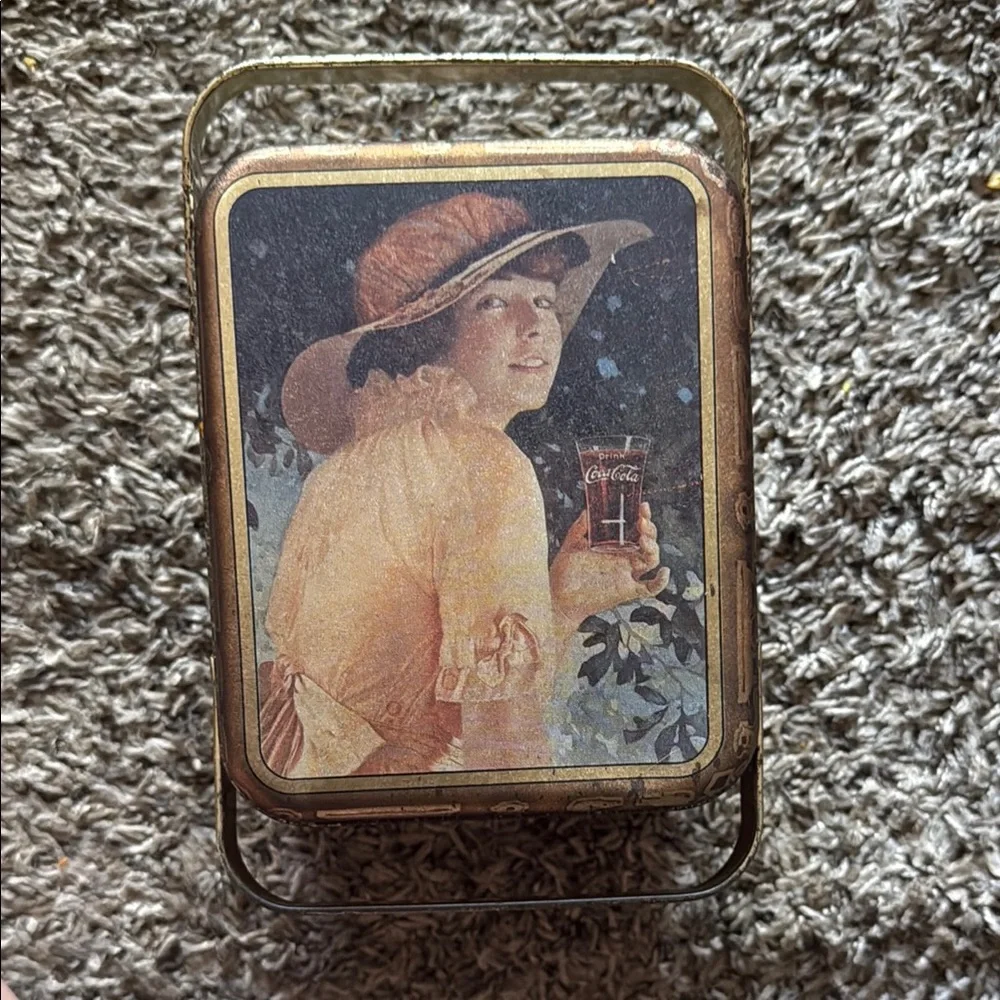 Vintage Coca Cola - Tin Box With Lid & Handle - Lady Holding Coke in Hand